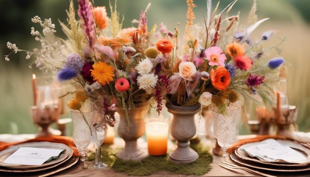 boho inspired centerpieces with feathers and wildflowers