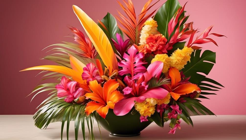 exotic floral arrangement with palm leaves