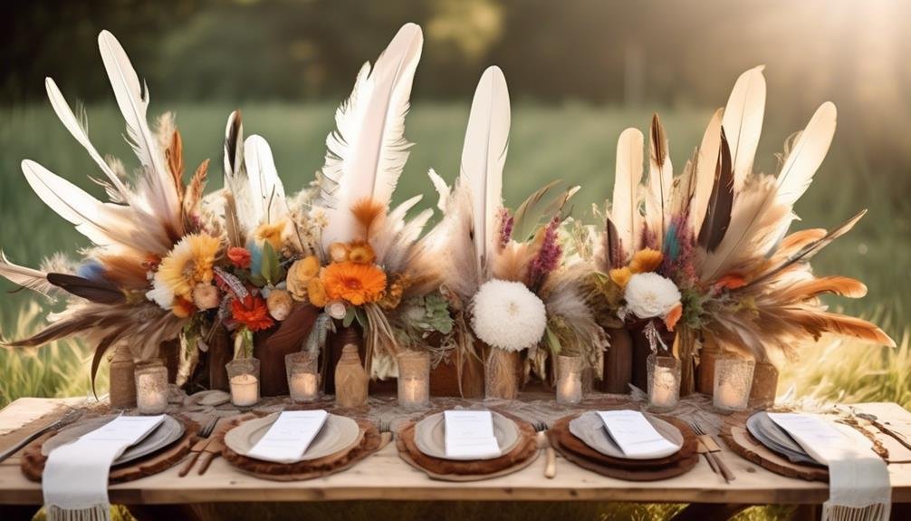 feather filled centerpieces with bohemian flair